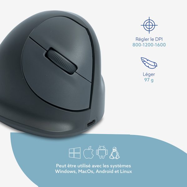 R-GO TOOLS Souris ergonomique verticale sans fil R-GO HE BREAK Connexion  Bluetooth. Gaucher. Taille M ≡ CALIPAGE